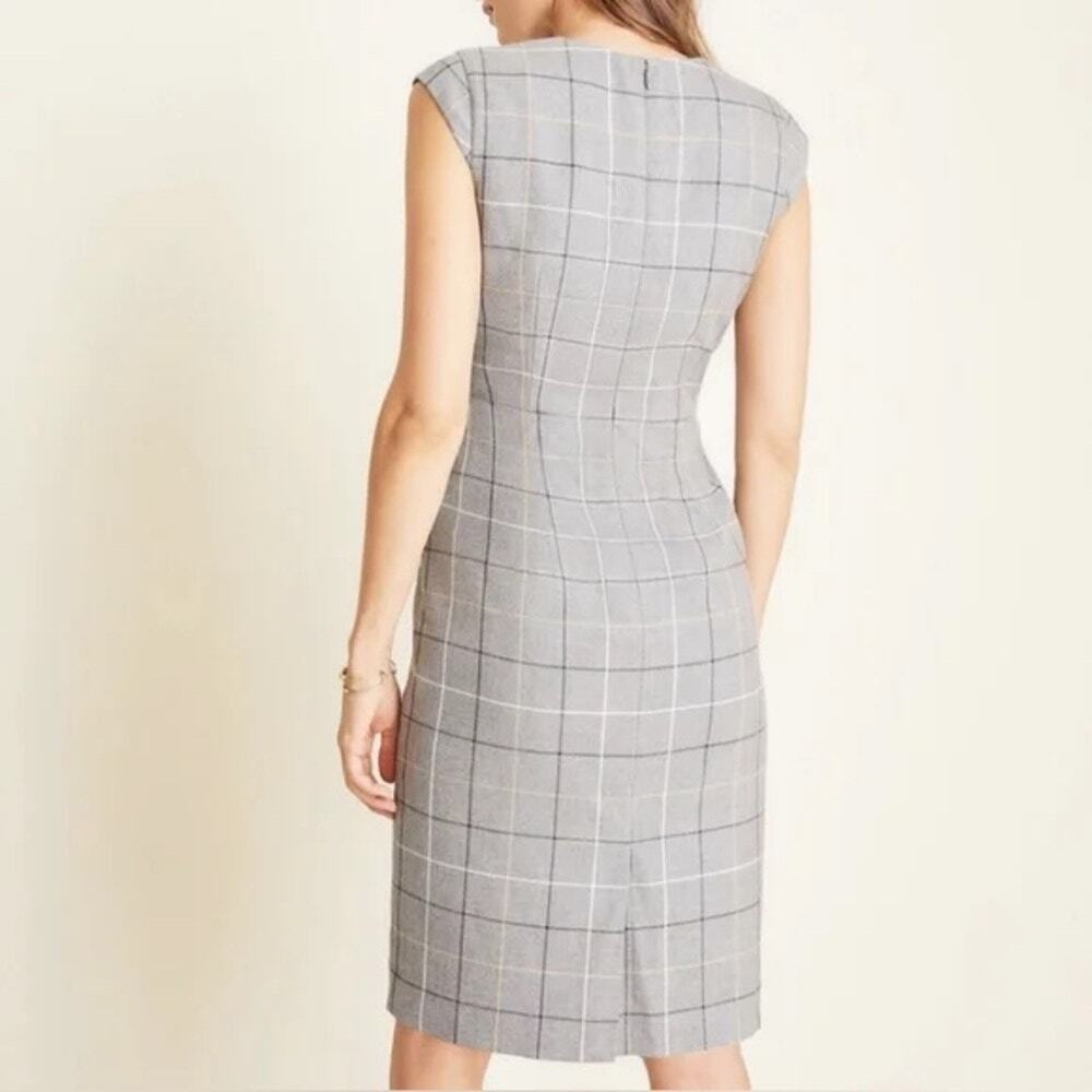 Ann Taylor Windowpane Plaid Sheath Dress Gray Women's Size 4 Petite - Picture 2 of 9